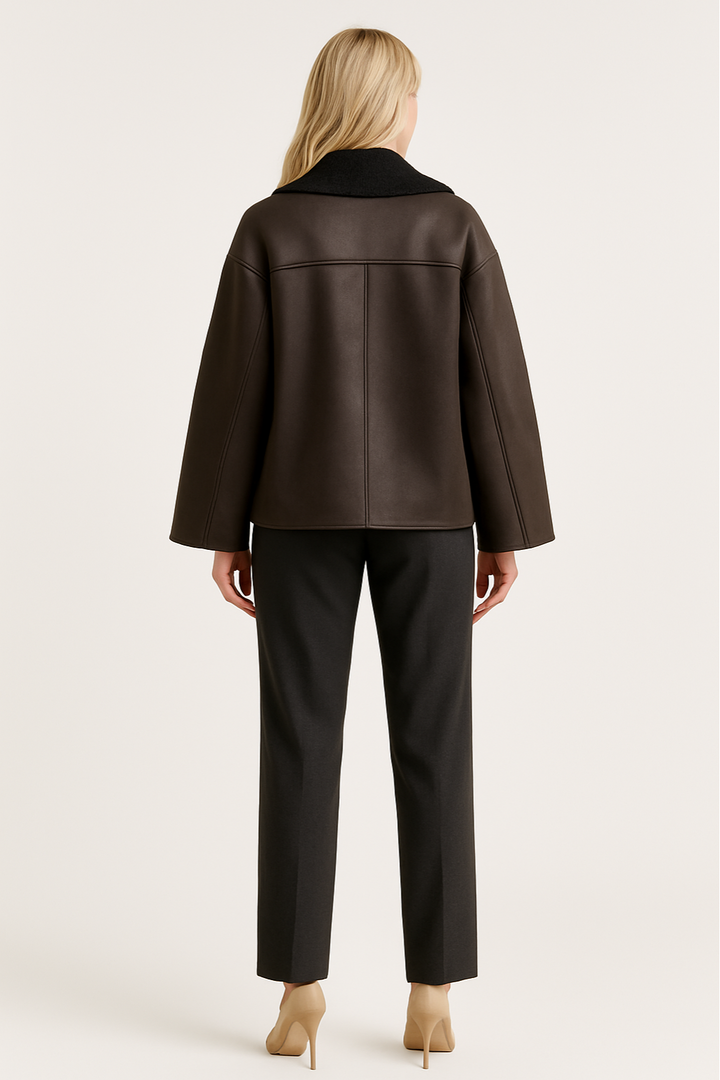 Women's Winter Leather Jacket with Plush Interior and Oversized Collar