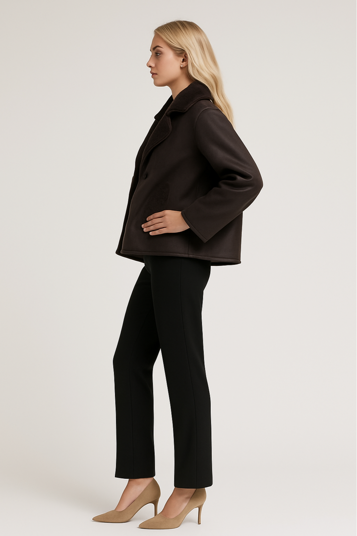 Women's Winter Leather Jacket with Plush Interior and Oversized Collar