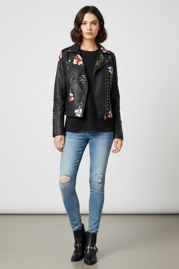 Women’s Embroidered Faux Leather Biker Jacket