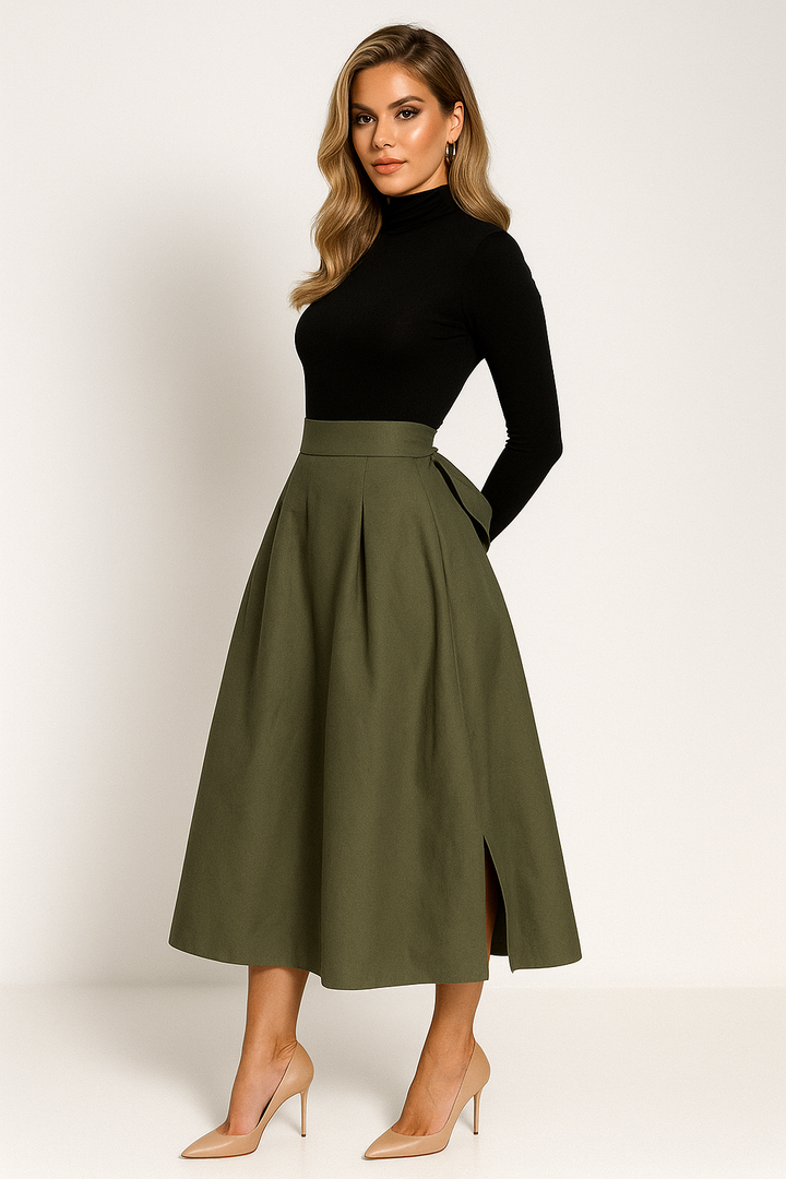 Women’s High-Waisted Midi Skirt with Back-Tied Bow