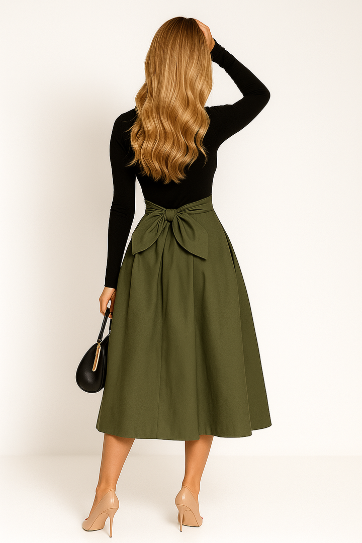Women’s High-Waisted Midi Skirt with Back-Tied Bow