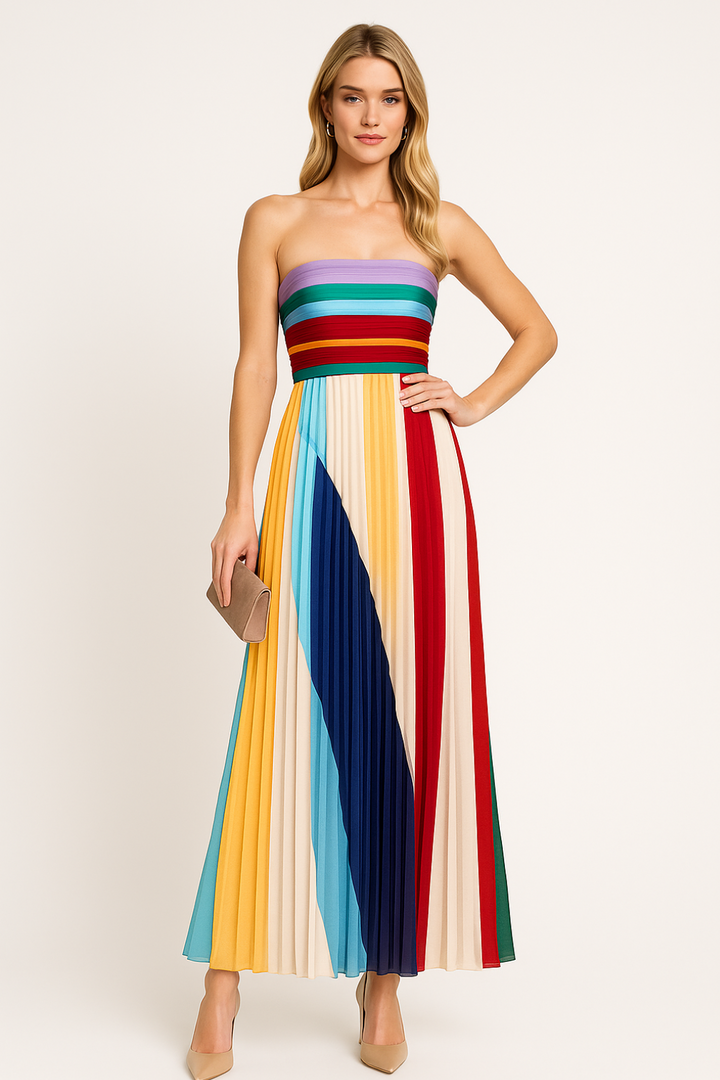 Women’s Multicolor Strapless Pleated Maxi Dress