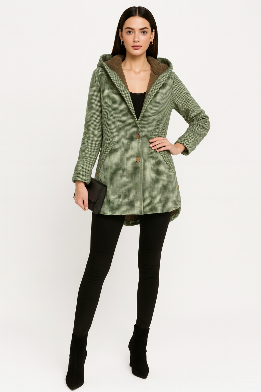 Women’s Plaid Hooded Coat with Buttons