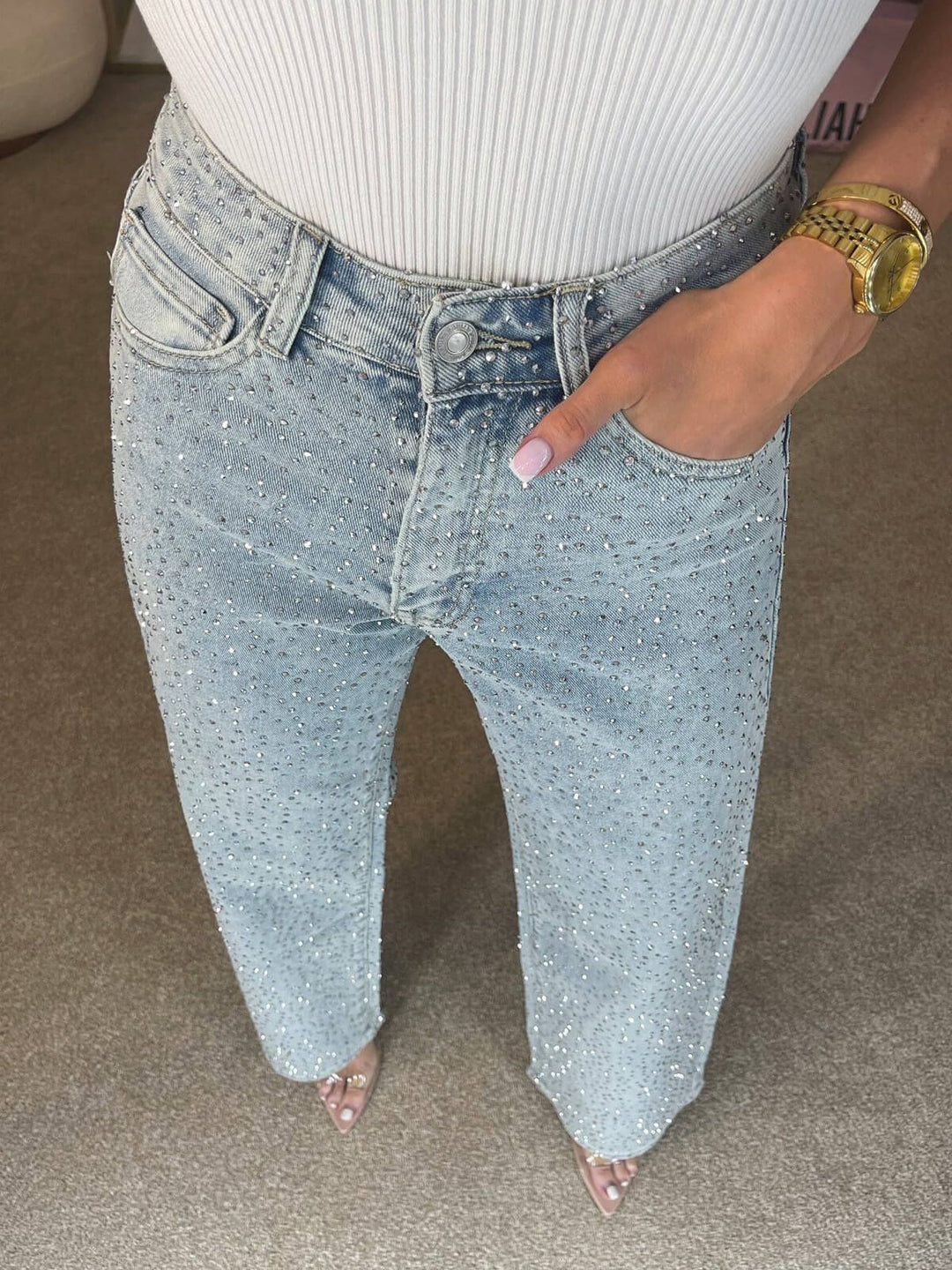Women’s Rhinestone Embellished Straight Leg Jeans