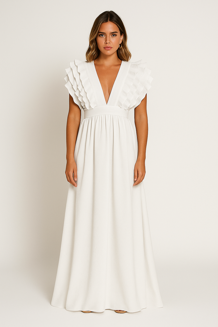 Women’s Ruffle Sleeve Plunge Maxi Dress