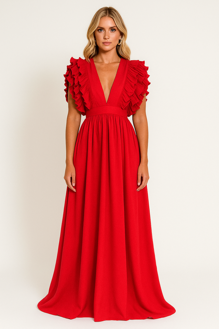 Women’s Ruffle Sleeve Plunge Maxi Dress