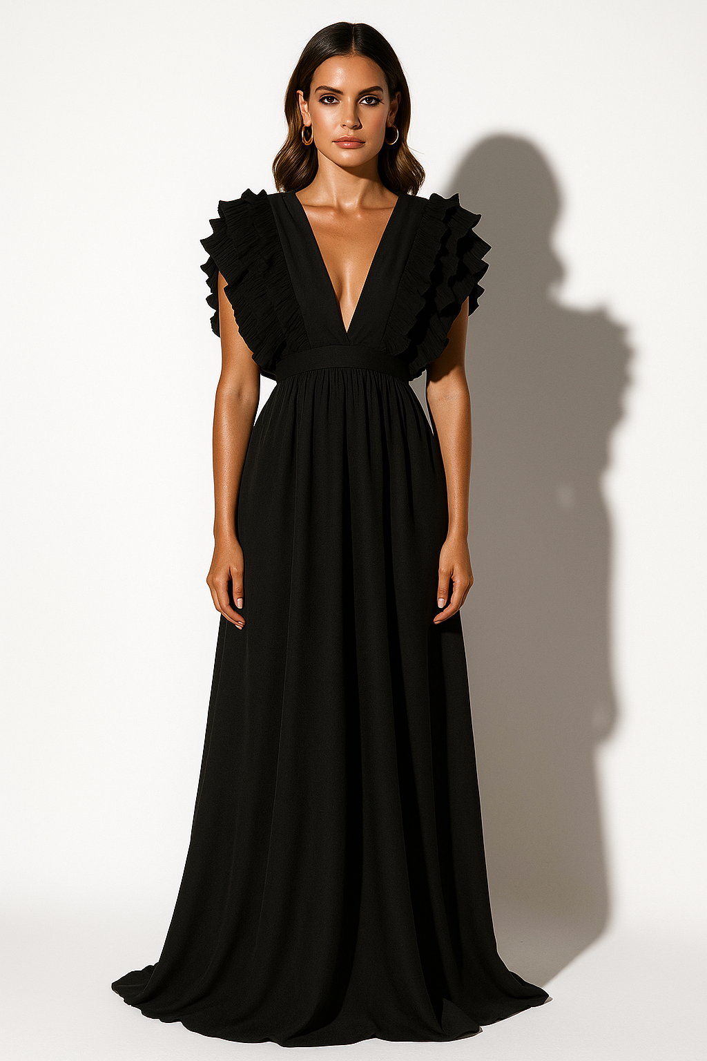 Women’s Ruffle Sleeve Plunge Maxi Dress