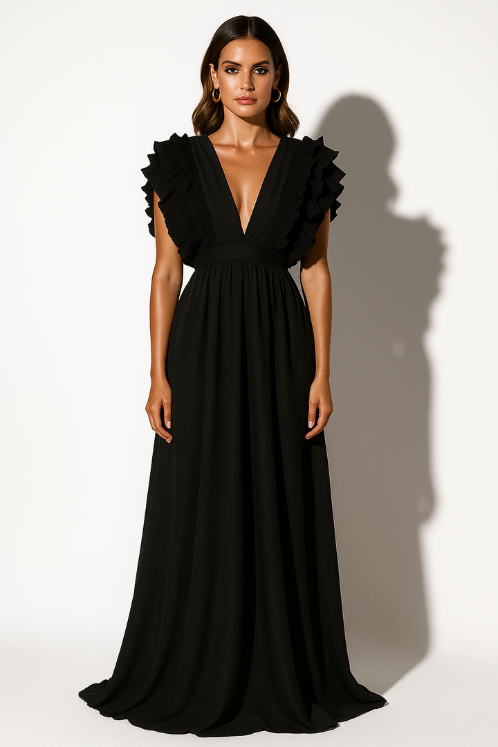 Women’s Ruffle Sleeve Plunge Maxi Dress