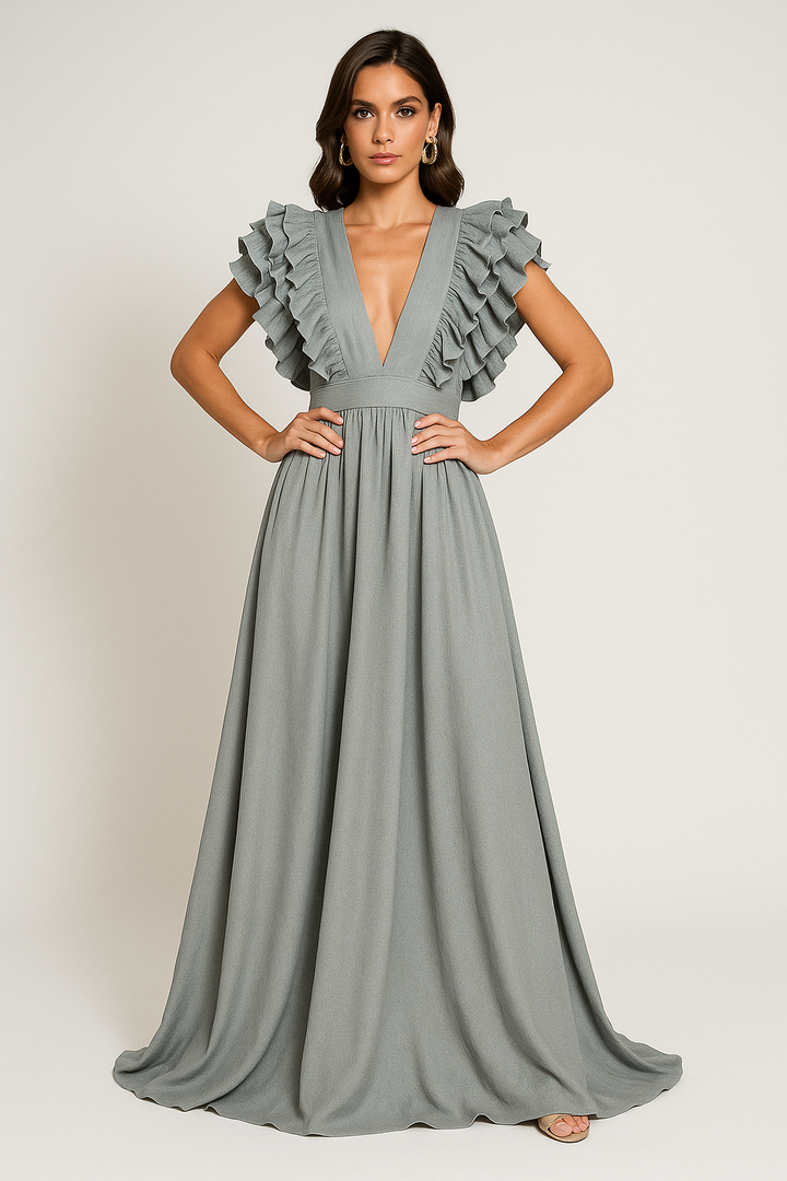Women’s Ruffle Sleeve Plunge Maxi Dress