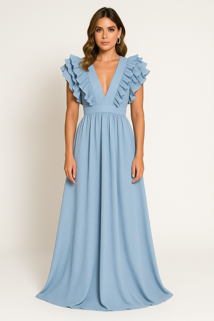 Women’s Ruffle Sleeve Plunge Maxi Dress