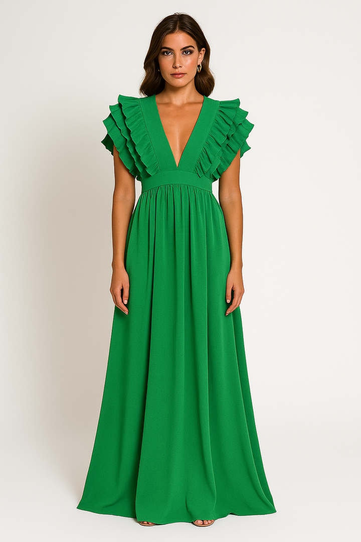 Women’s Ruffle Sleeve Plunge Maxi Dress
