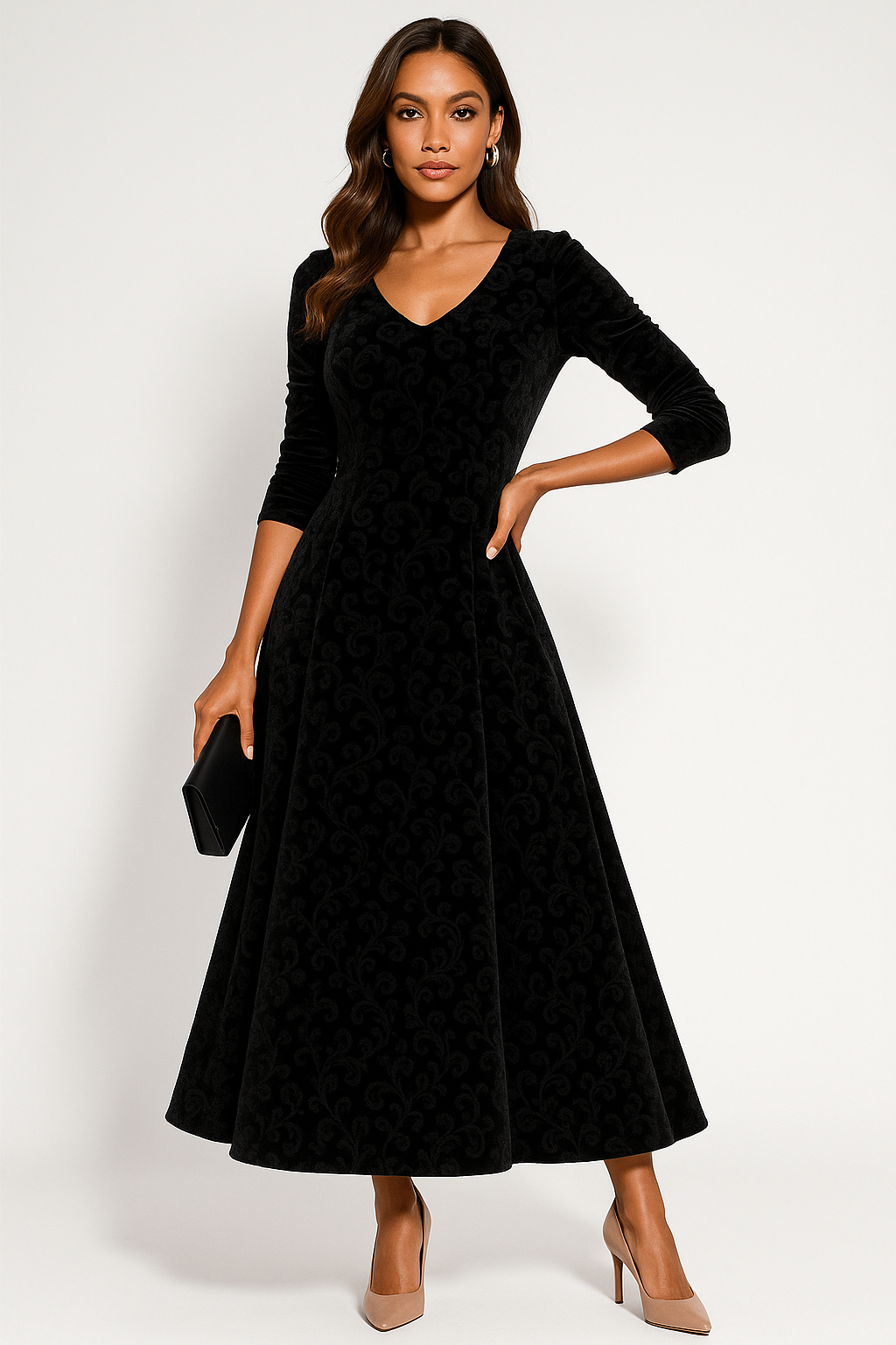 Women’s Velvet Floral Embossed A-Line Midi Dress