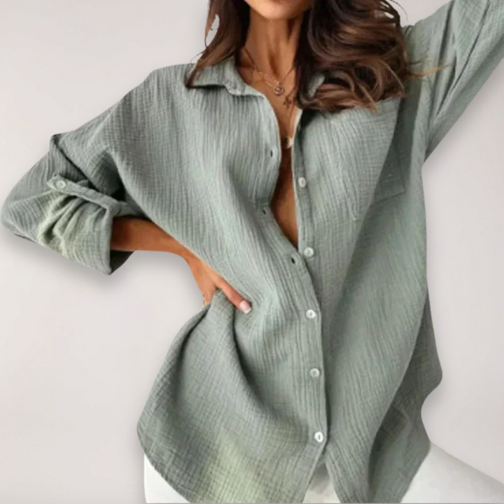 Women’s Button-Front Shirt – Roll-Up Sleeves with Pocket Detail