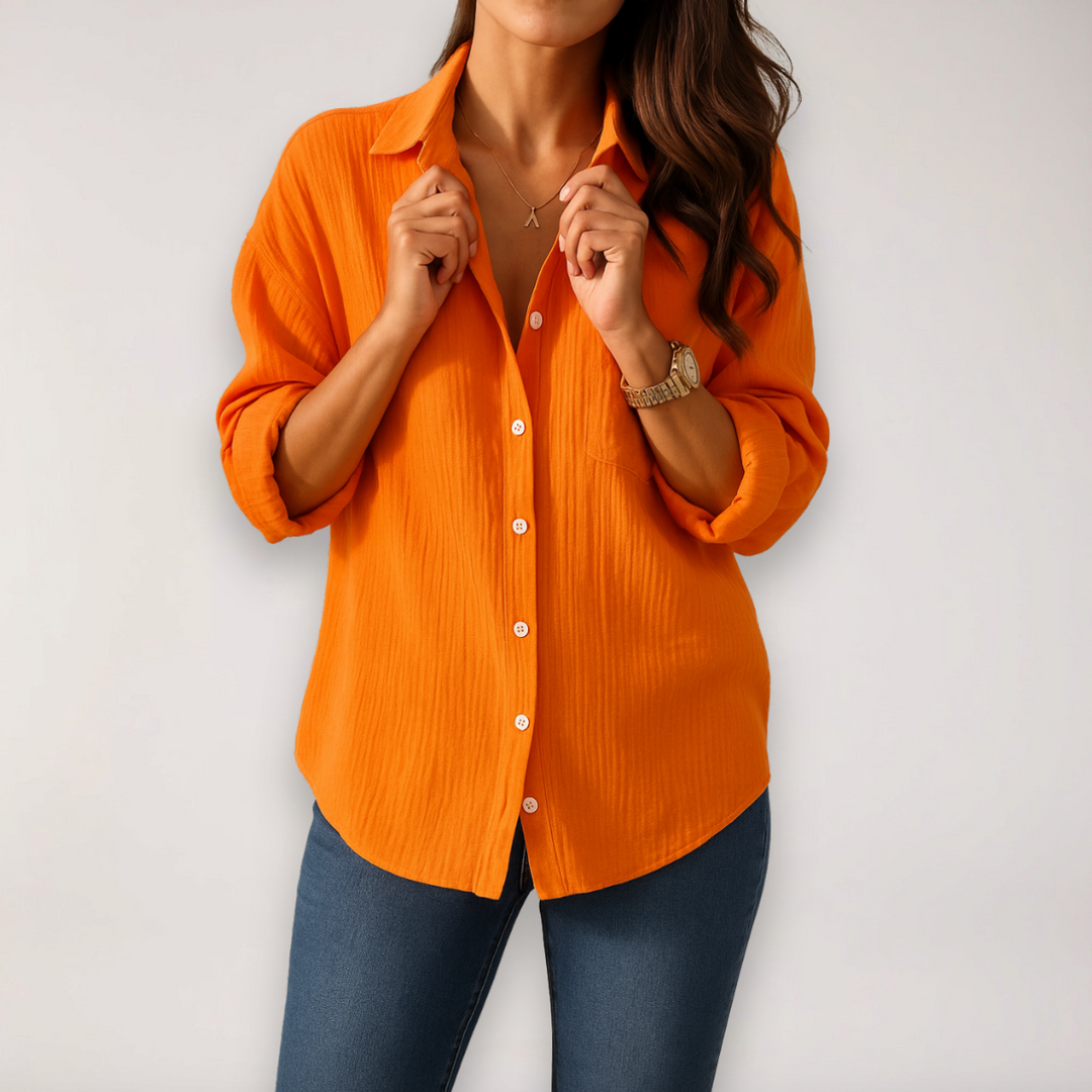 Women’s Button-Front Shirt – Roll-Up Sleeves with Pocket Detail