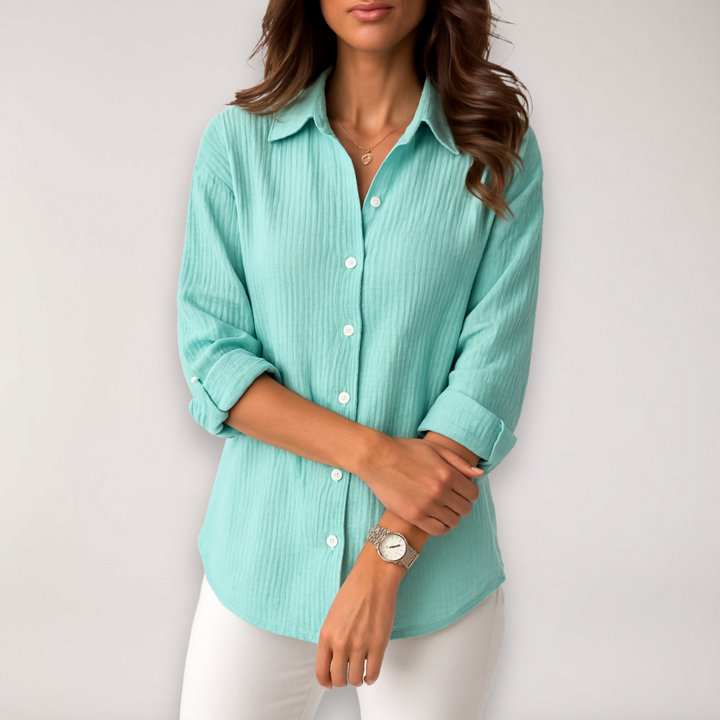 Women’s Button-Front Shirt – Roll-Up Sleeves with Pocket Detail