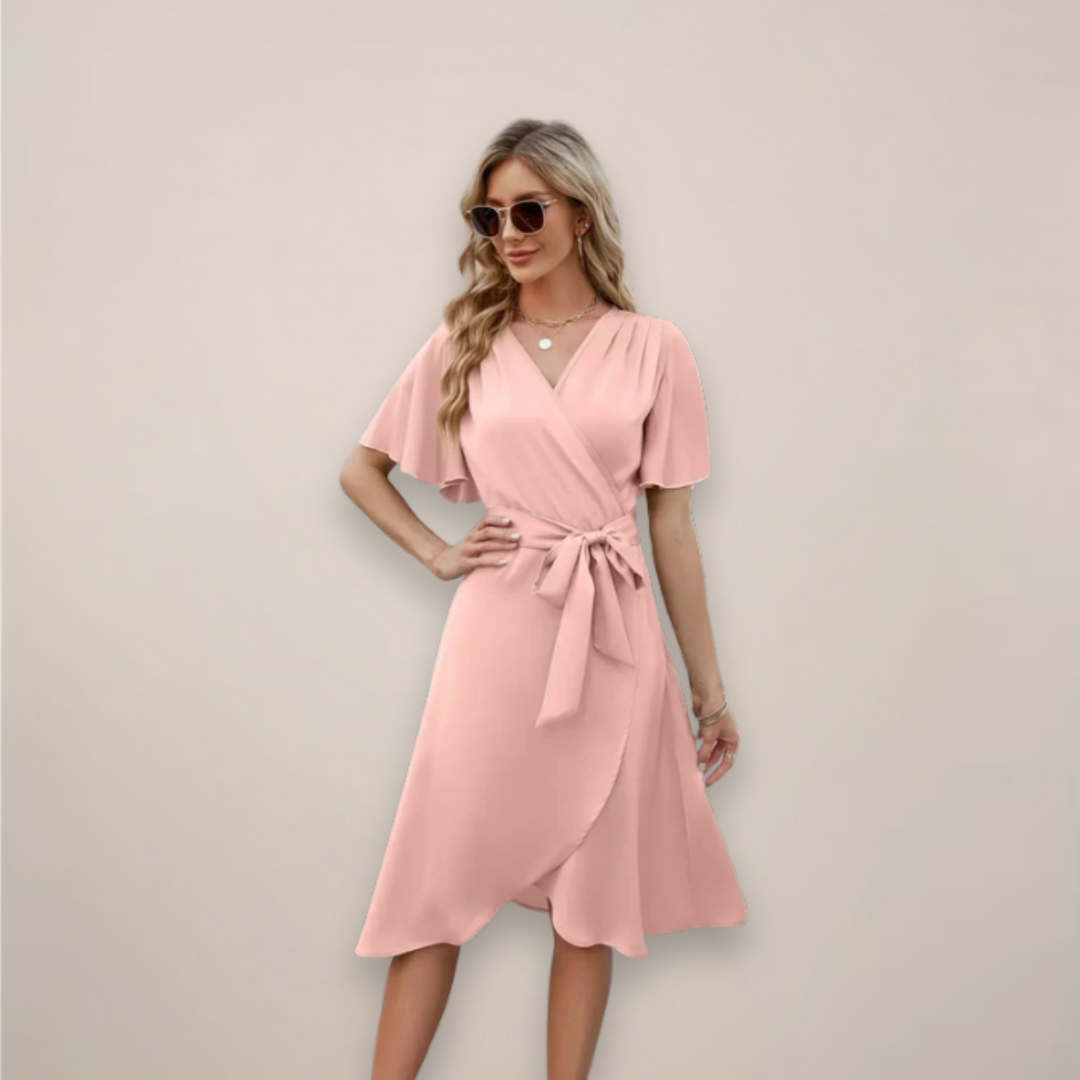 Women’s Midi Wrap Dress with Tie Detail – Elegant V-Neck Silhouette