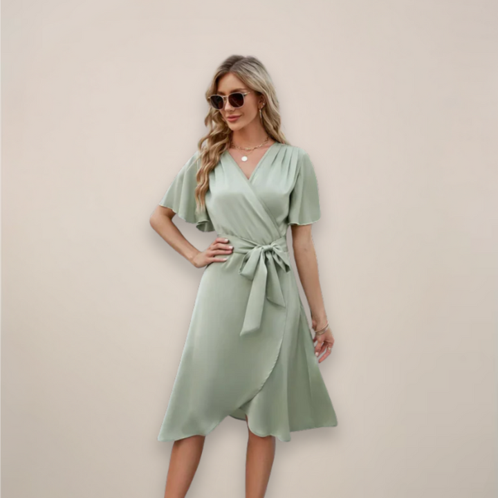Women’s Midi Wrap Dress with Tie Detail – Elegant V-Neck Silhouette