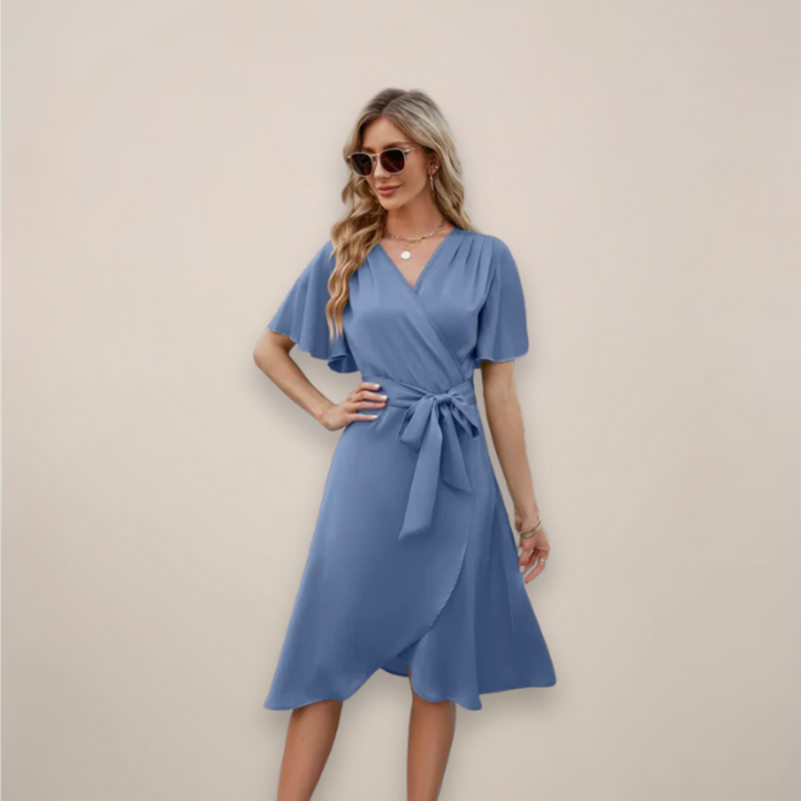 Women’s Midi Wrap Dress with Tie Detail – Elegant V-Neck Silhouette