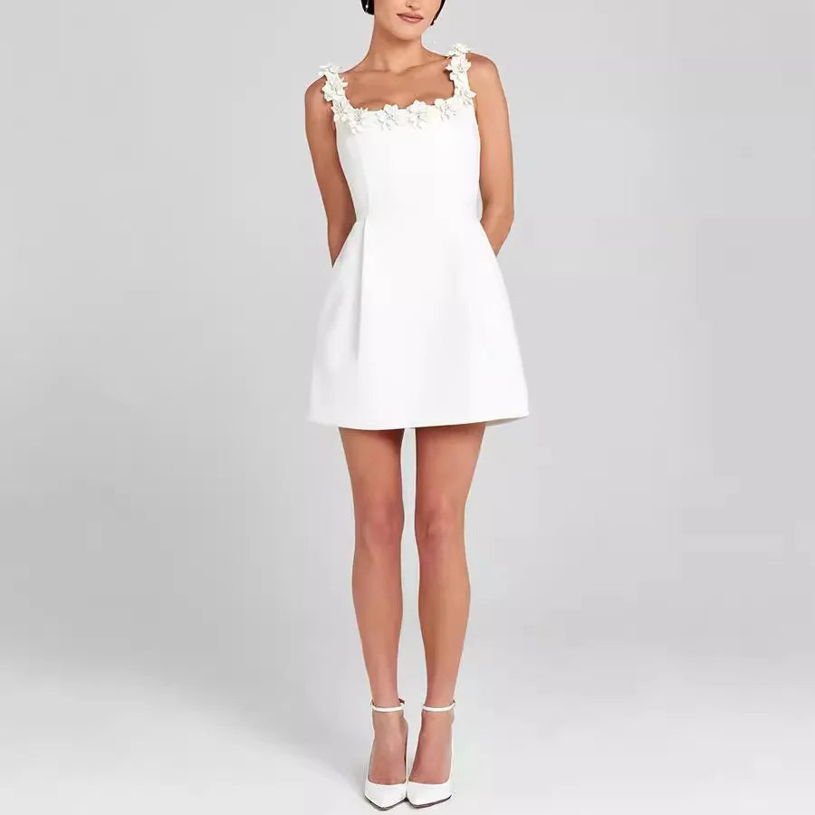 Women’s Mini Sheath Dress – Square Neck with Floral Detail