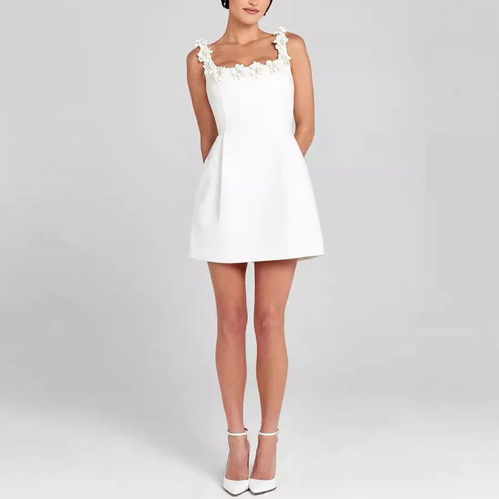 Women’s Mini Sheath Dress – Square Neck with Floral Detail