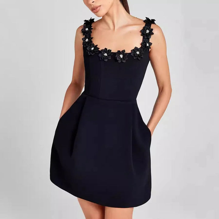 Women’s Mini Sheath Dress – Square Neck with Floral Detail