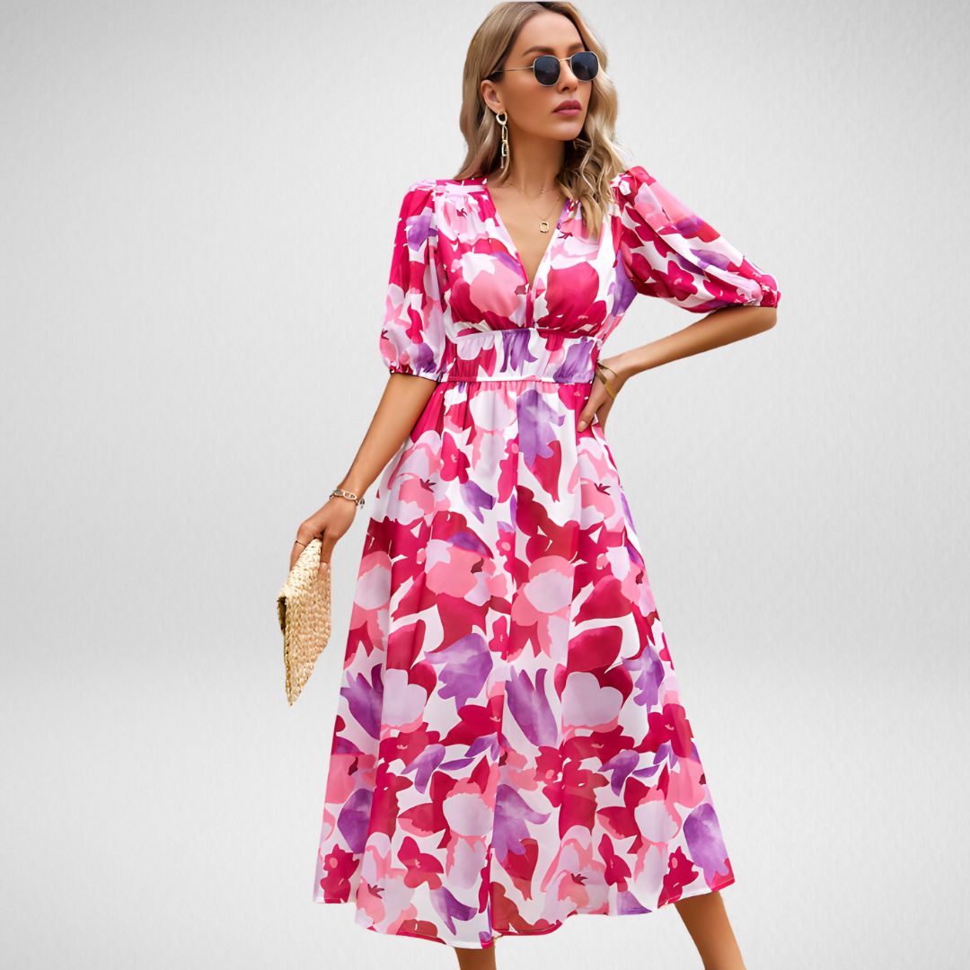 Amelia - Elegant V-Neckline Midi Dress