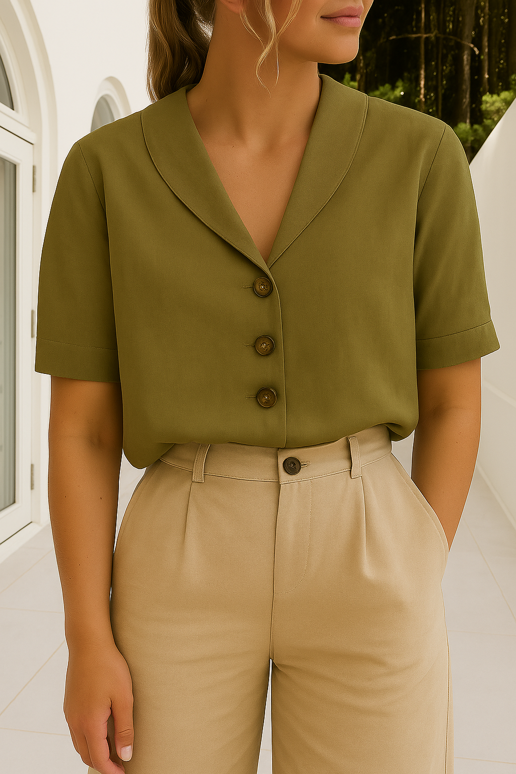 Envelope Neckline Blouse with Button Detail – Short and Long Sleeve