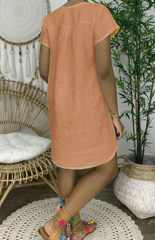 Lily - V-Neck Linen Dress with Rolled Sleeves and Curved Hem