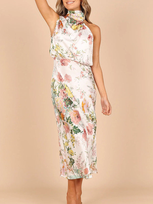 Pauline - Halter Neck Midi Dress with Floral Print
