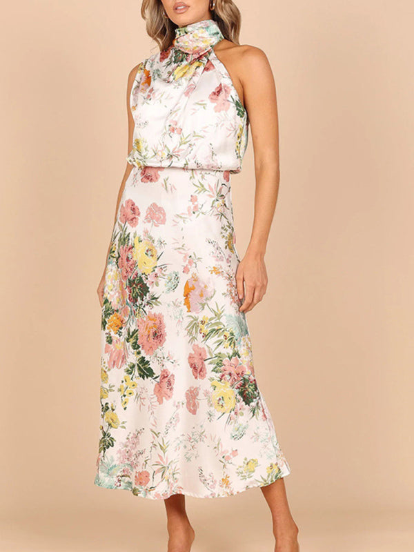 Pauline - Halter Neck Midi Dress with Floral Print