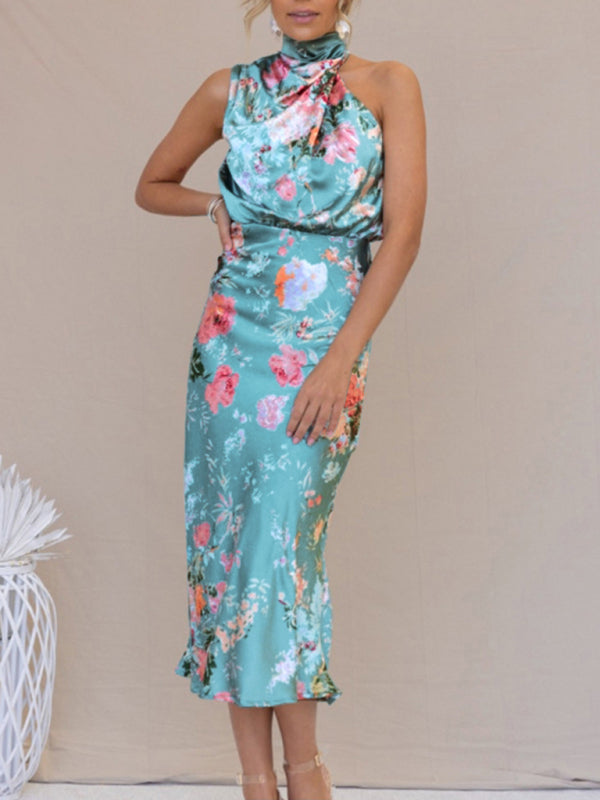 Pauline - Halter Neck Midi Dress with Floral Print