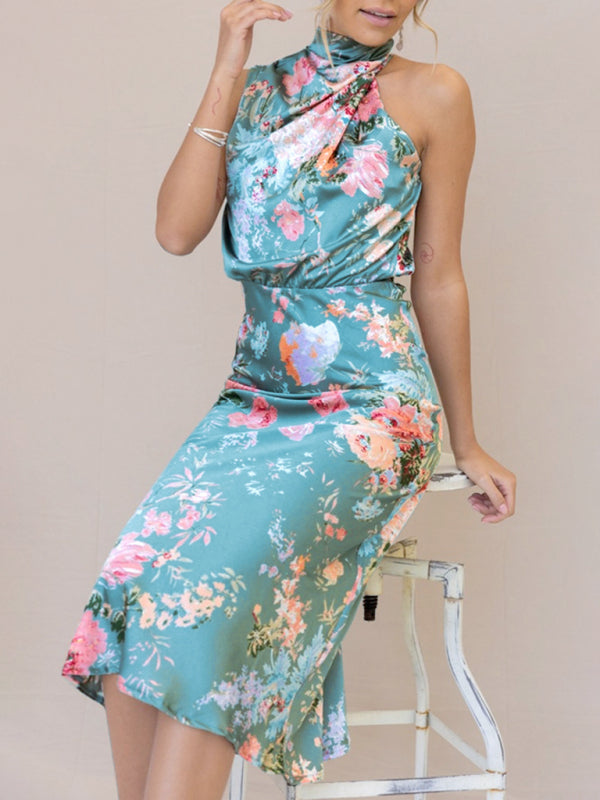Pauline - Halter Neck Midi Dress with Floral Print