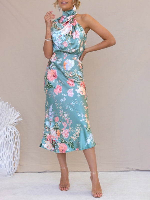 Pauline - Halter Neck Midi Dress with Floral Print