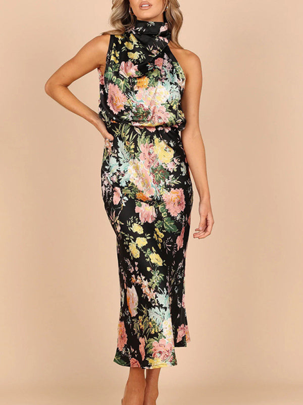 Pauline - Halter Neck Midi Dress with Floral Print