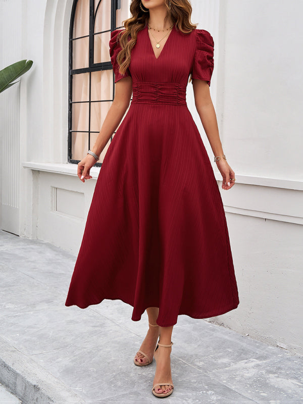 Cecily - V-Neck Midi Dress with Puff Sleeves and Ruched Waist