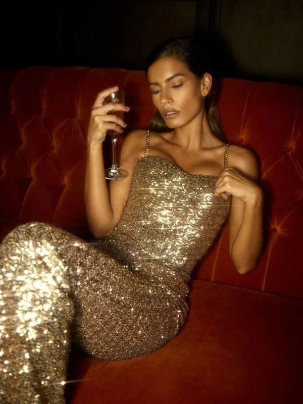 Elizabeth - Women’s Strapless Glitter Jumpsuit with Waist Belt