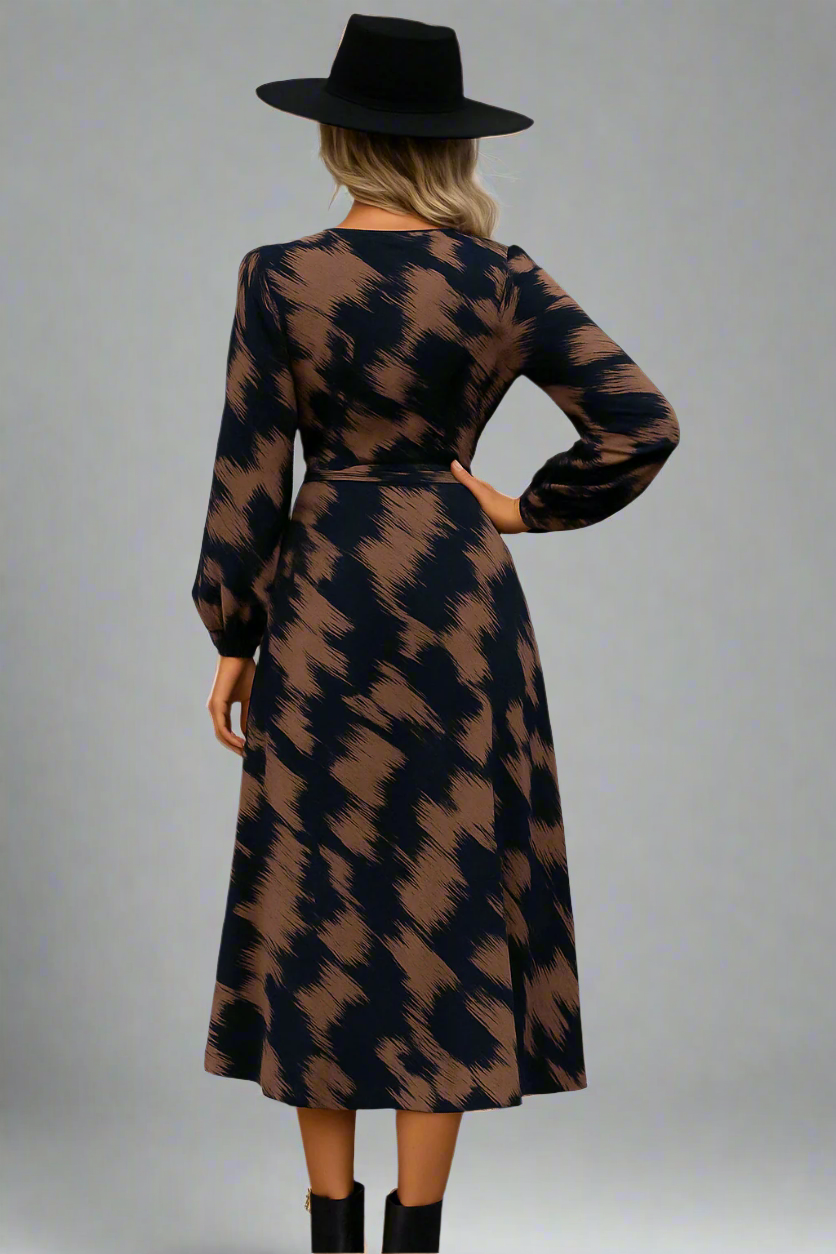 Geometric Print V-Neck Long Sleeve Midi Dress